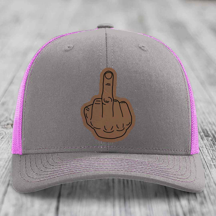 Middle Finger - Leather Patch Hat - Dark Brown to Black Patch - Richardson 112 Snapback Trucker Hat