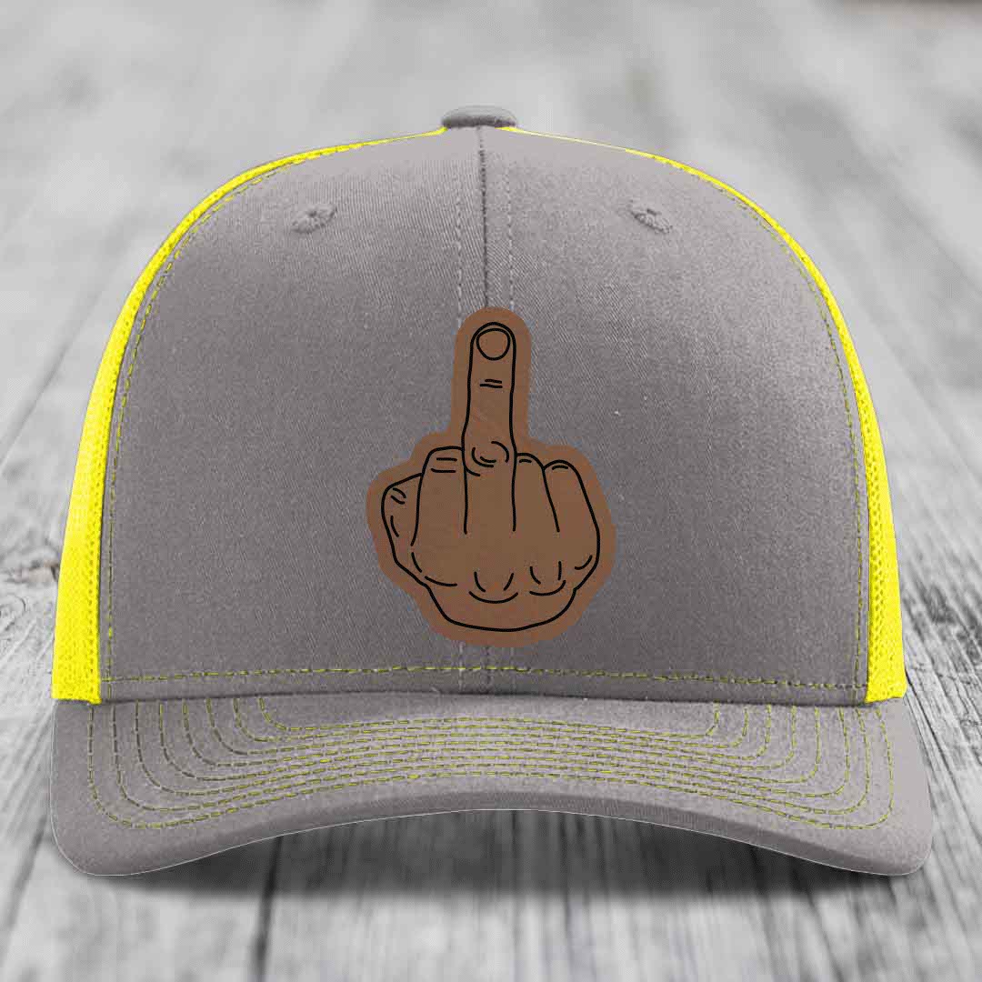 Middle Finger - Leather Patch Hat - Dark Brown to Black Patch - Richardson 112 Snapback Trucker Hat