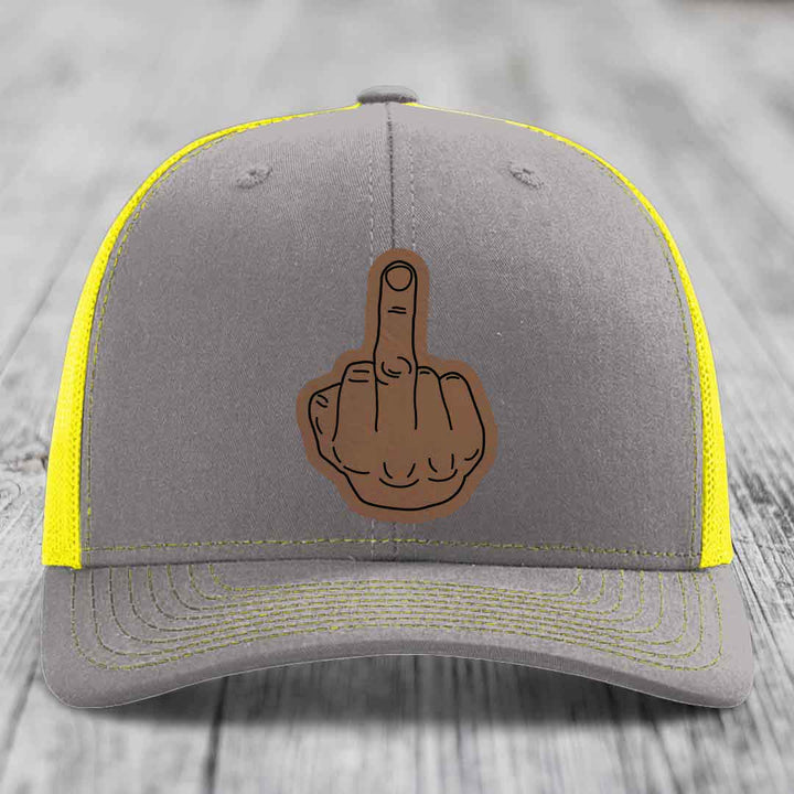 Middle Finger - Leather Patch Hat - Dark Brown to Black Patch - Richardson 112 Snapback Trucker Hat