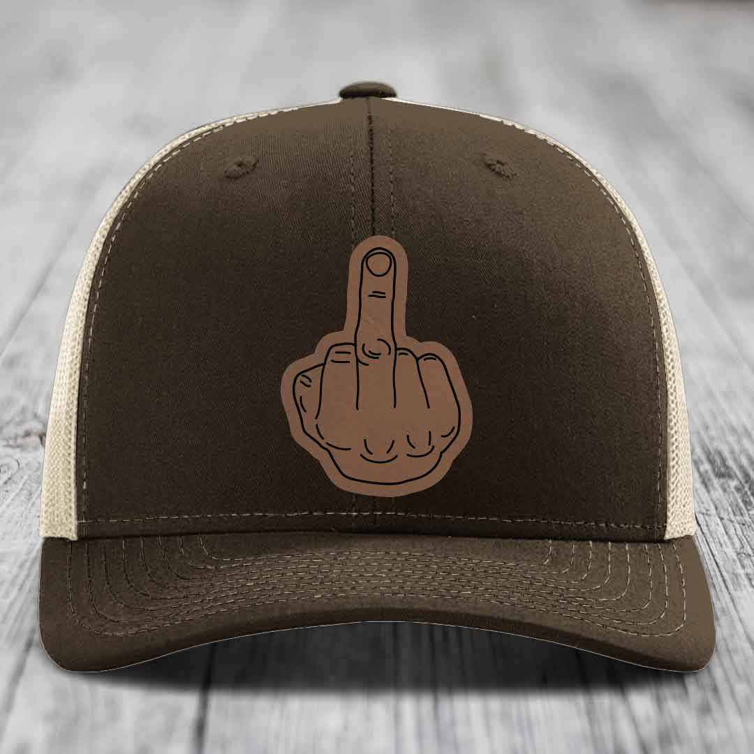 Middle Finger - Leather Patch Hat - Dark Brown to Black Patch - Richardson 112 Snapback Trucker Hat