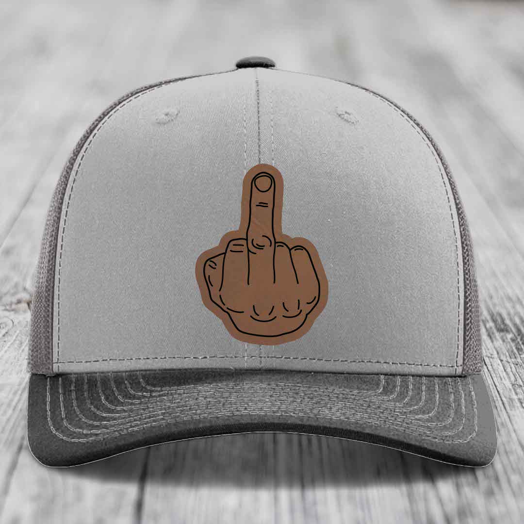 Middle Finger - Leather Patch Hat - Dark Brown to Black Patch - Richardson 112 Snapback Trucker Hat