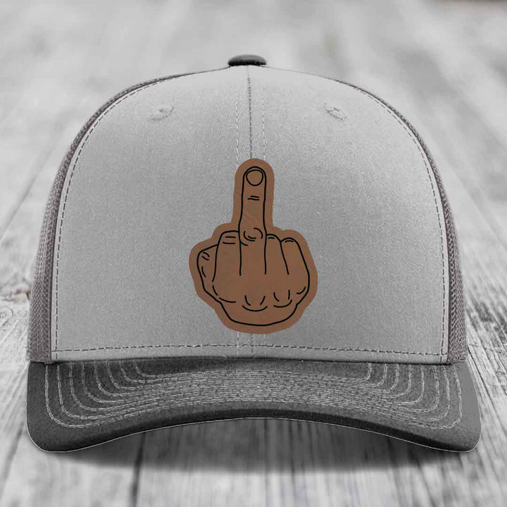 Middle Finger - Leather Patch Hat - Dark Brown to Black Patch - Richardson 112 Snapback Trucker Hat