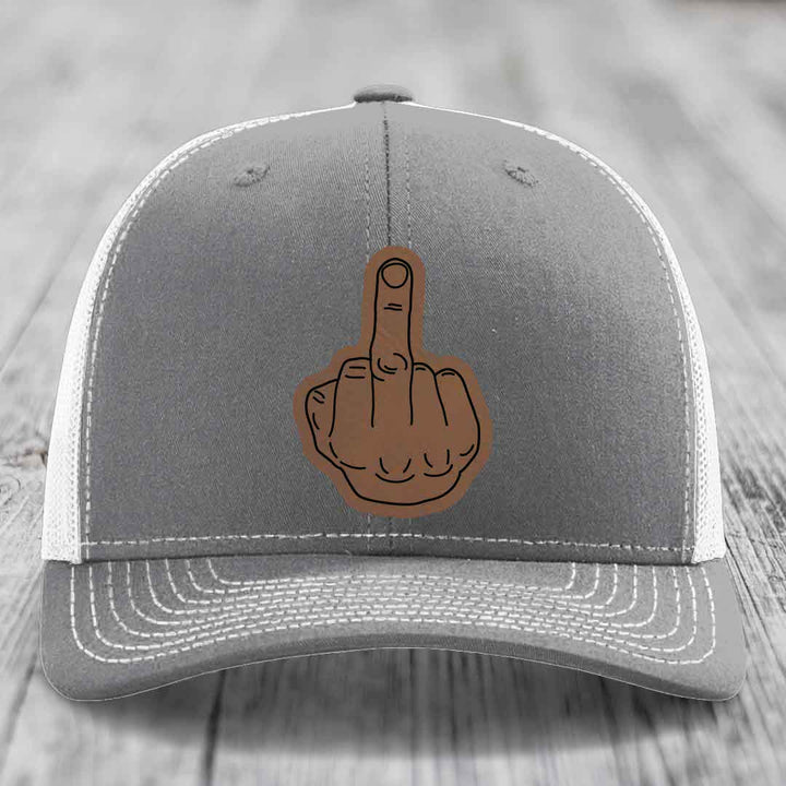 Middle Finger - Leather Patch Hat - Dark Brown to Black Patch - Richardson 112 Snapback Trucker Hat