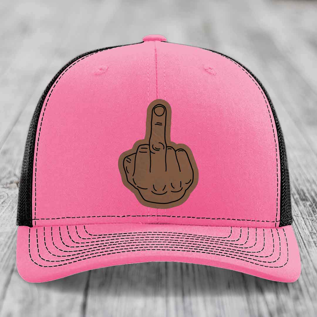 Middle Finger - Leather Patch Hat - Dark Brown to Black Patch - Richardson 112 Snapback Trucker Hat