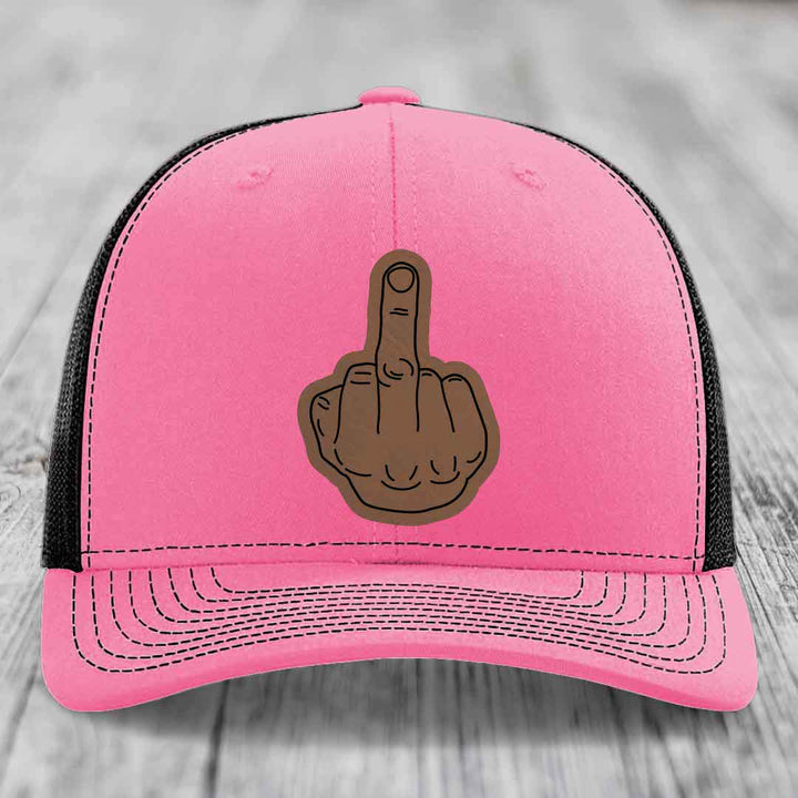 Middle Finger - Leather Patch Hat - Dark Brown to Black Patch - Richardson 112 Snapback Trucker Hat
