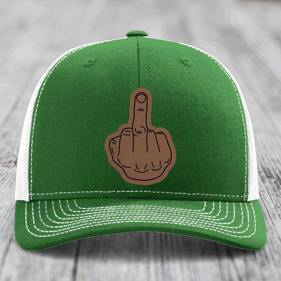 Middle Finger - Leather Patch Hat - Dark Brown to Black Patch - Richardson 112 Snapback Trucker Hat