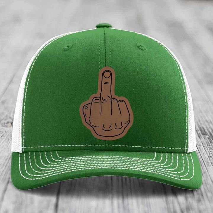 Middle Finger - Leather Patch Hat - Dark Brown to Black Patch - Richardson 112 Snapback Trucker Hat