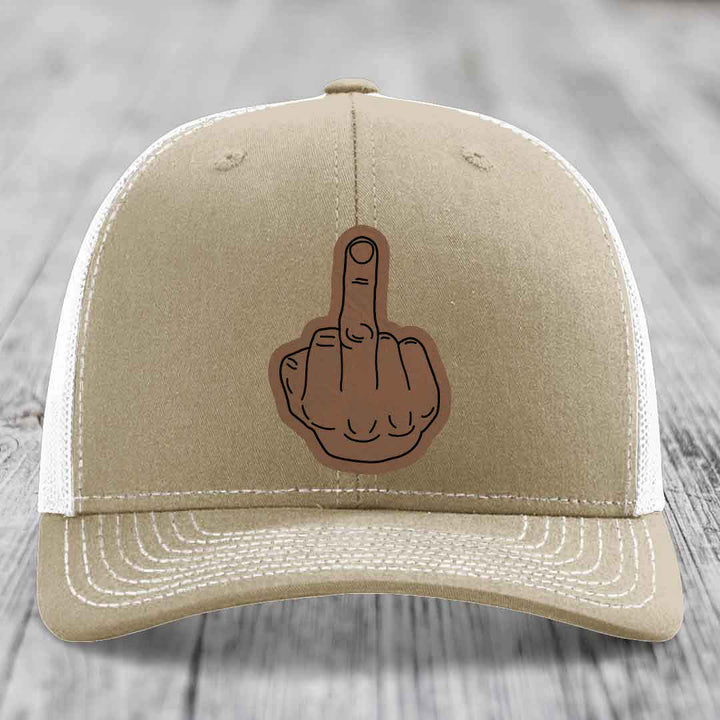 Middle Finger - Leather Patch Hat - Dark Brown to Black Patch - Richardson 112 Snapback Trucker Hat