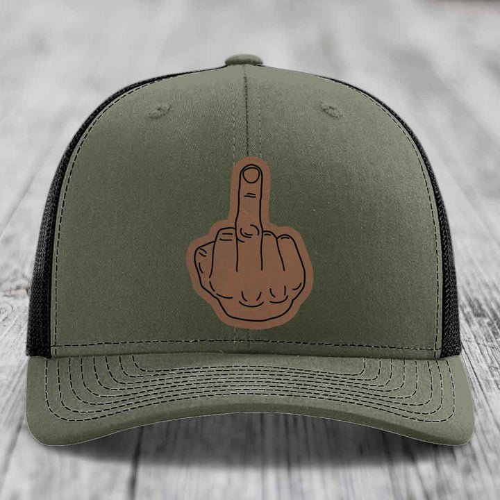 Middle Finger - Leather Patch Hat - Dark Brown to Black Patch - Richardson 112 Snapback Trucker Hat