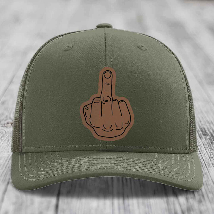 Middle Finger - Leather Patch Hat - Dark Brown to Black Patch - Richardson 112 Snapback Trucker Hat
