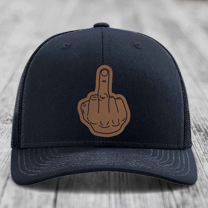 Middle Finger - Leather Patch Hat - Dark Brown to Black Patch - Richardson 112 Snapback Trucker Hat