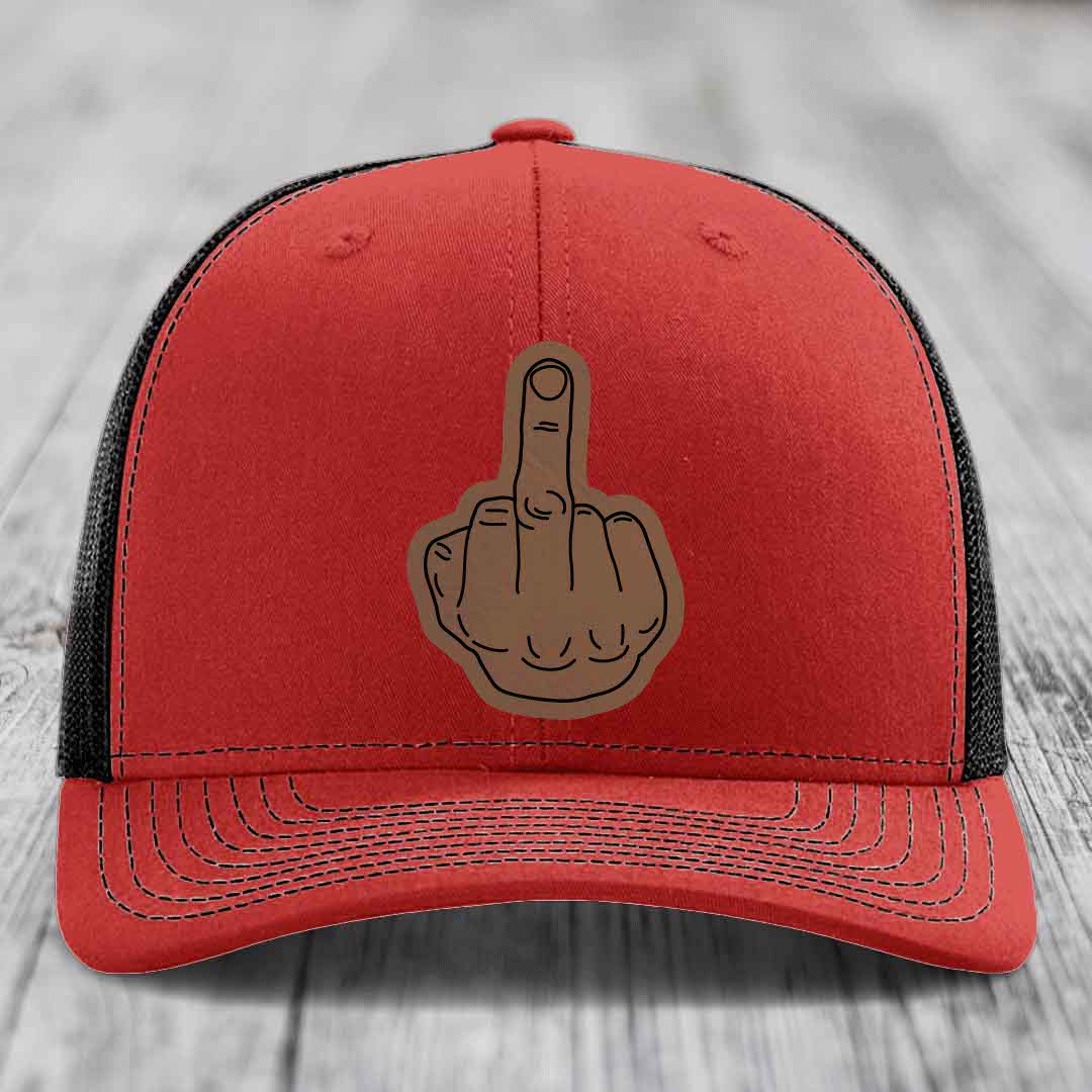 Middle Finger - Leather Patch Hat - Dark Brown to Black Patch - Richardson 112 Snapback Trucker Hat