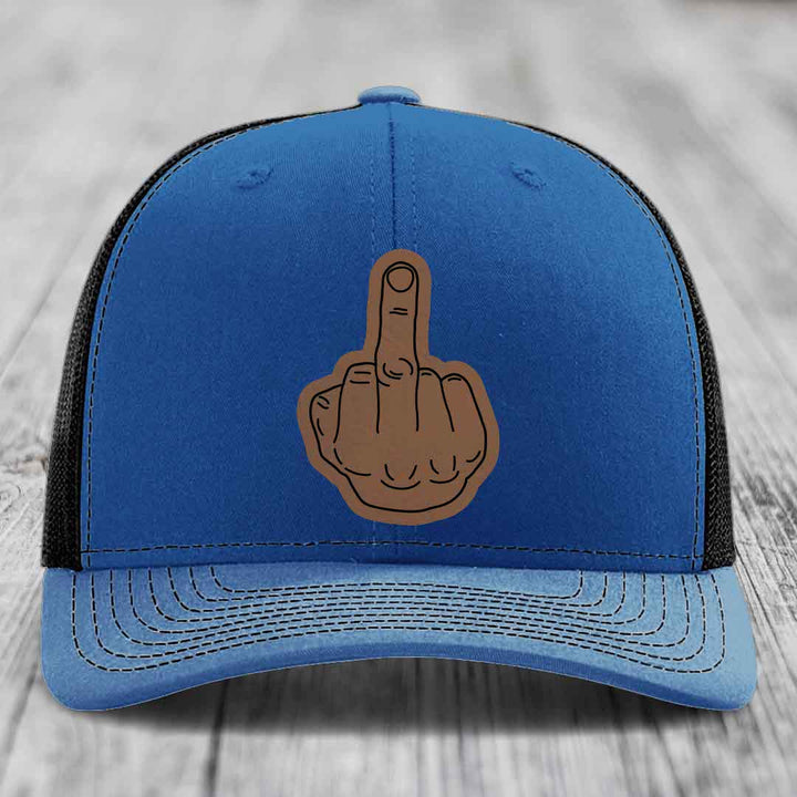 Middle Finger - Leather Patch Hat - Dark Brown to Black Patch - Richardson 112 Snapback Trucker Hat