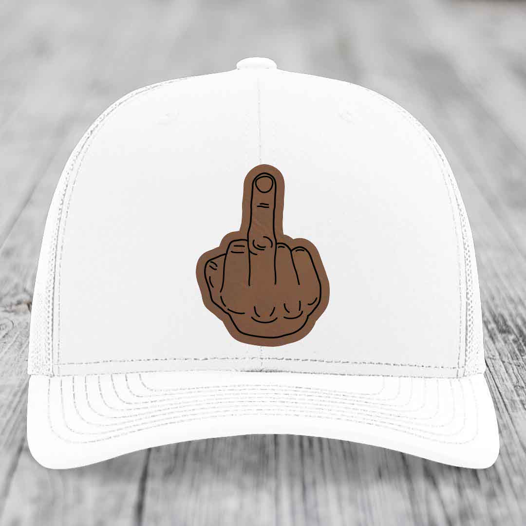 Middle Finger - Leather Patch Hat - Dark Brown to Black Patch - Richardson 112 Snapback Trucker Hat