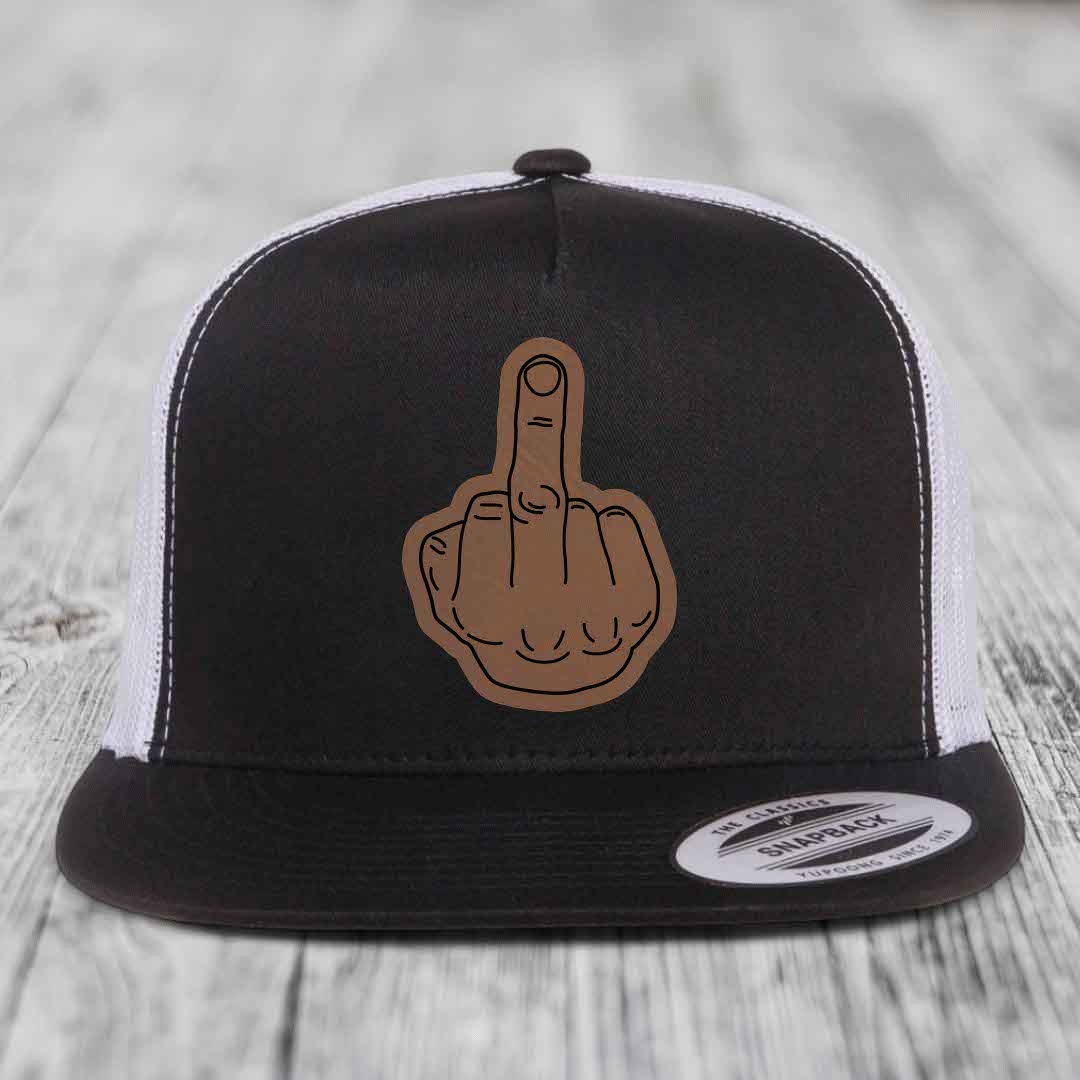 Middle Finger - Leather Patch Hat - Dark Brown to Black Patch - Yupoong 6006 Snapback Flatbill Hat