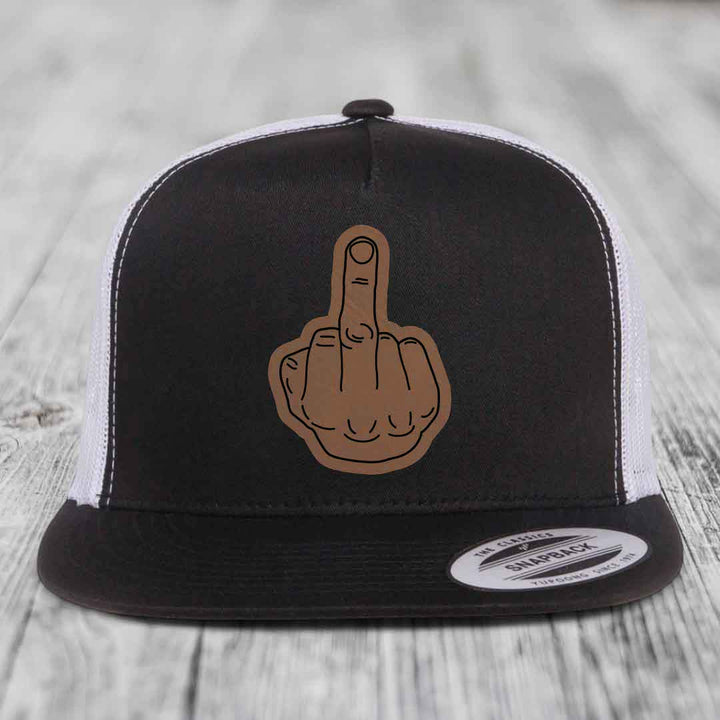 Middle Finger - Leather Patch Hat - Dark Brown to Black Patch - Yupoong 6006 Snapback Flatbill Hat