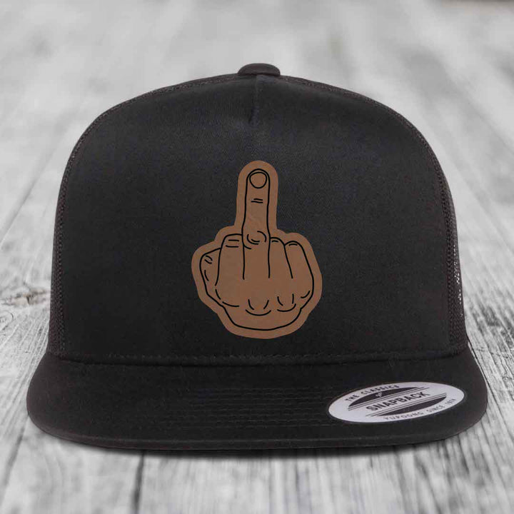 Middle Finger - Leather Patch Hat - Dark Brown to Black Patch - Yupoong 6006 Snapback Flatbill Hat