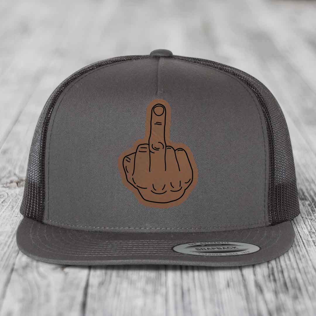 Middle Finger - Leather Patch Hat - Dark Brown to Black Patch - Yupoong 6006 Snapback Flatbill Hat