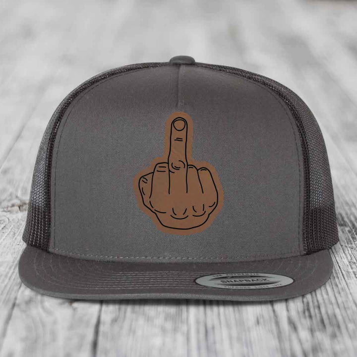 Middle Finger - Leather Patch Hat - Dark Brown to Black Patch - Yupoong 6006 Snapback Flatbill Hat