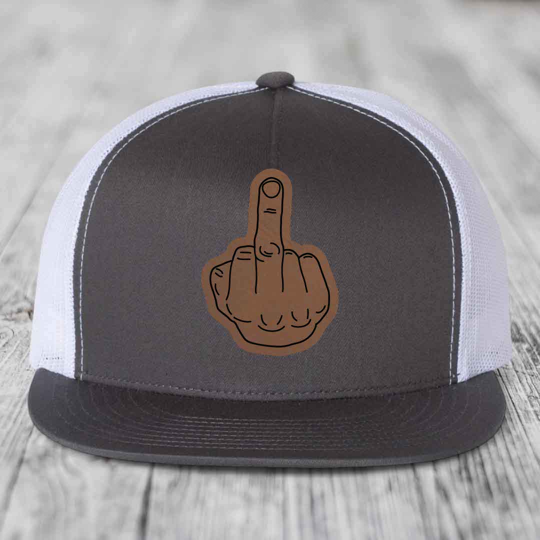 Middle Finger - Leather Patch Hat - Dark Brown to Black Patch - Yupoong 6006 Snapback Flatbill Hat