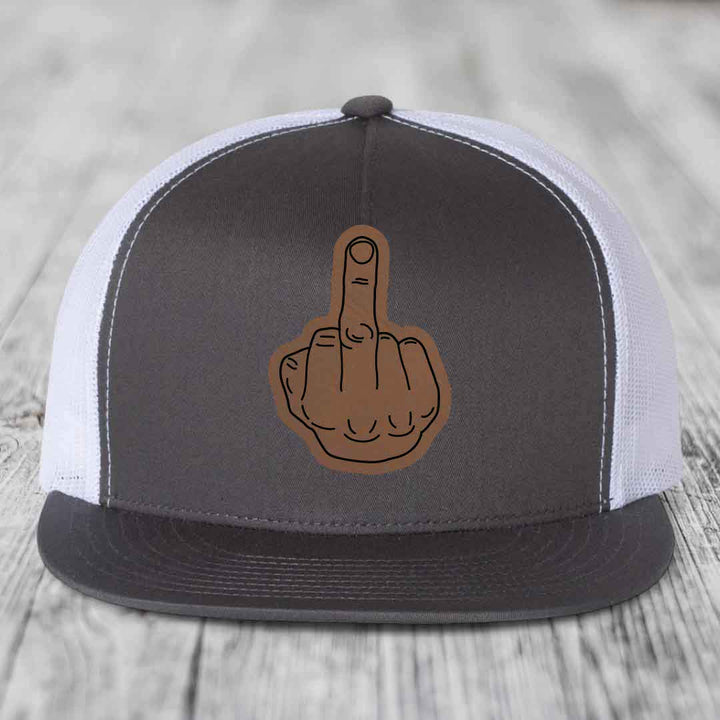 Middle Finger - Leather Patch Hat - Dark Brown to Black Patch - Yupoong 6006 Snapback Flatbill Hat