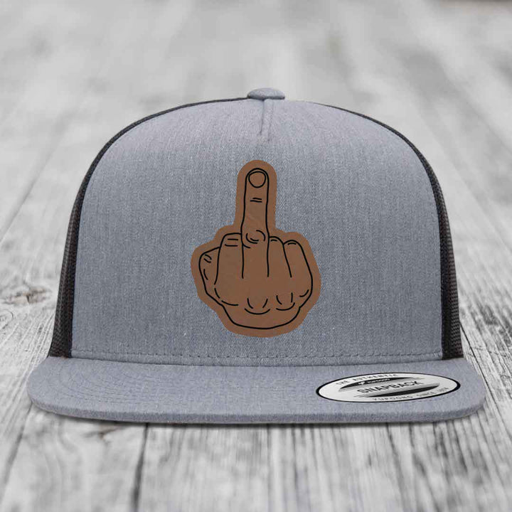 Middle Finger - Leather Patch Hat - Dark Brown to Black Patch - Yupoong 6006 Snapback Flatbill Hat