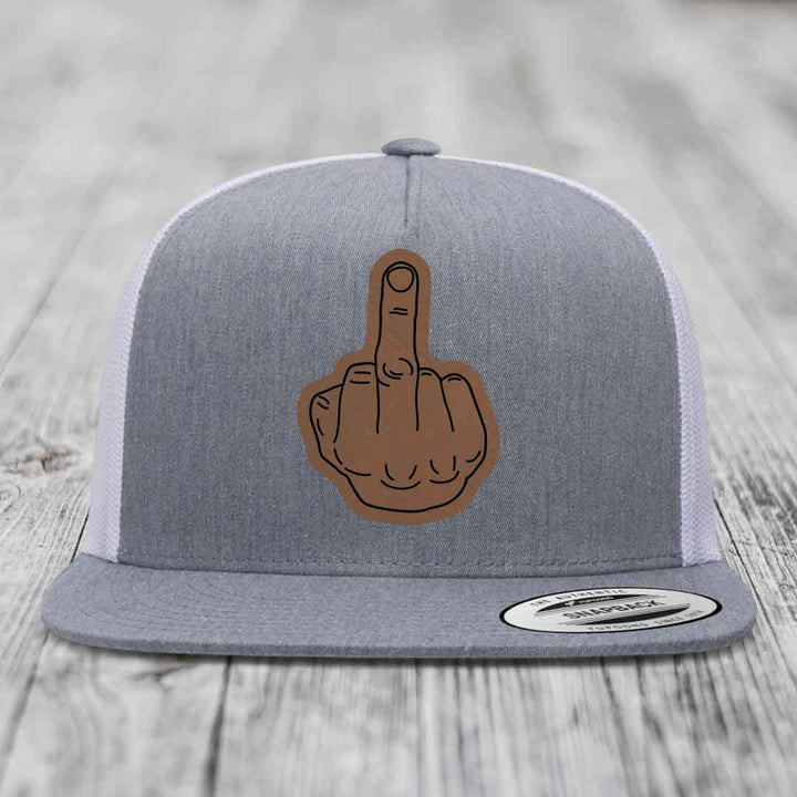 Middle Finger - Leather Patch Hat - Dark Brown to Black Patch - Yupoong 6006 Snapback Flatbill Hat