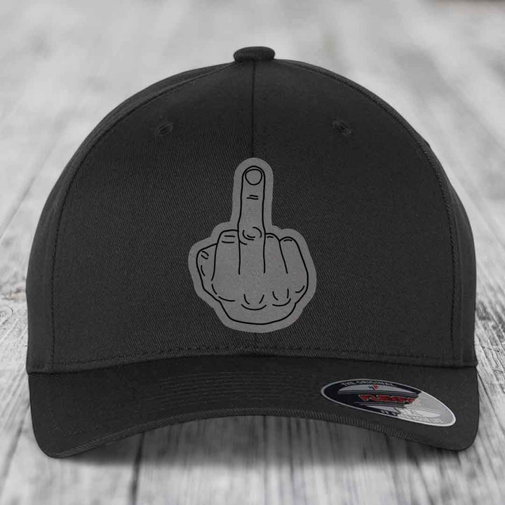 Middle Finger - Leather Patch Hat - Grey to Black Patch - Flexfit 6277 Fitted Hat