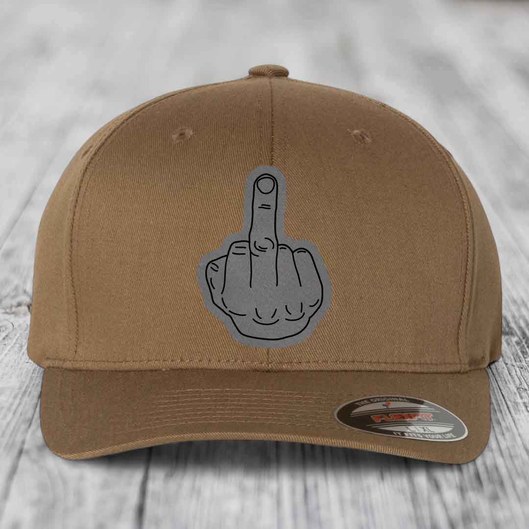 Middle Finger - Leather Patch Hat - Grey to Black Patch - Flexfit 6277 Fitted Hat