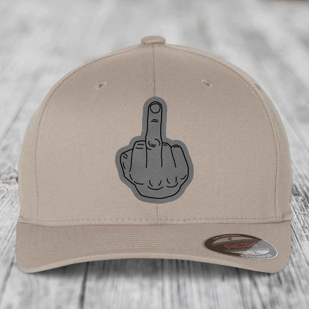 Middle Finger - Leather Patch Hat - Grey to Black Patch - Flexfit 6277 Fitted Hat