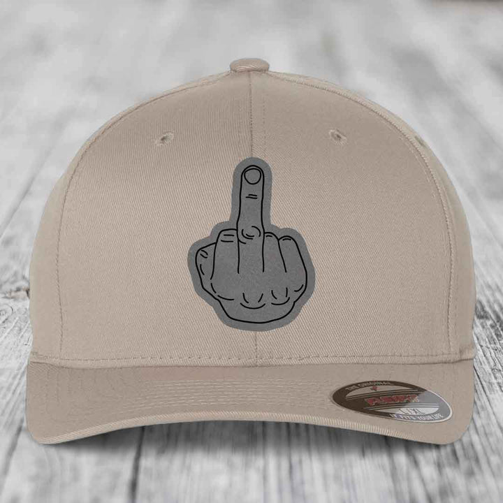 Middle Finger - Leather Patch Hat - Grey to Black Patch - Flexfit 6277 Fitted Hat