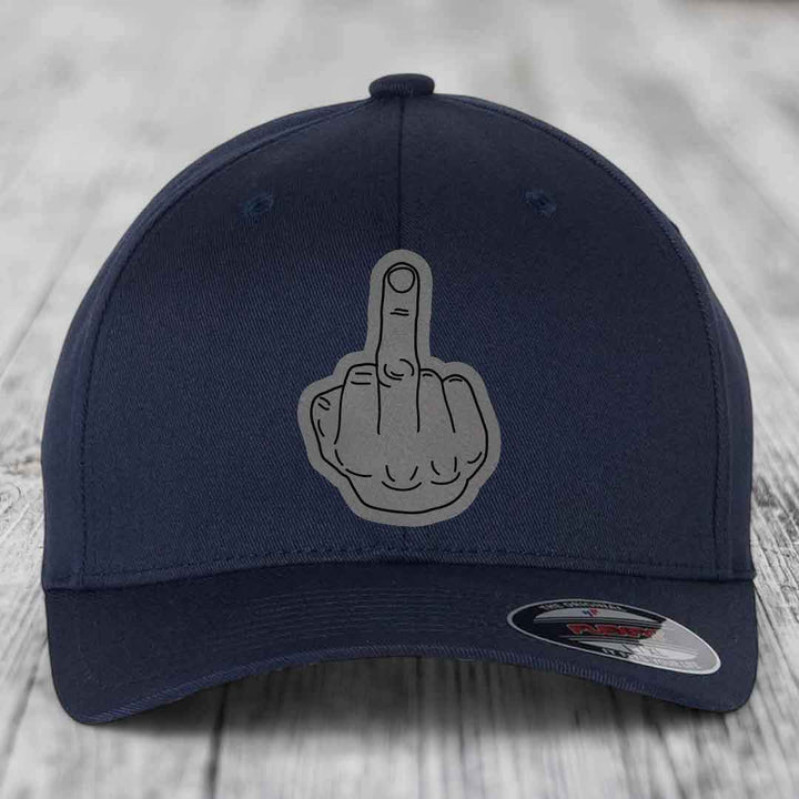 Middle Finger - Leather Patch Hat - Grey to Black Patch - Flexfit 6277 Fitted Hat