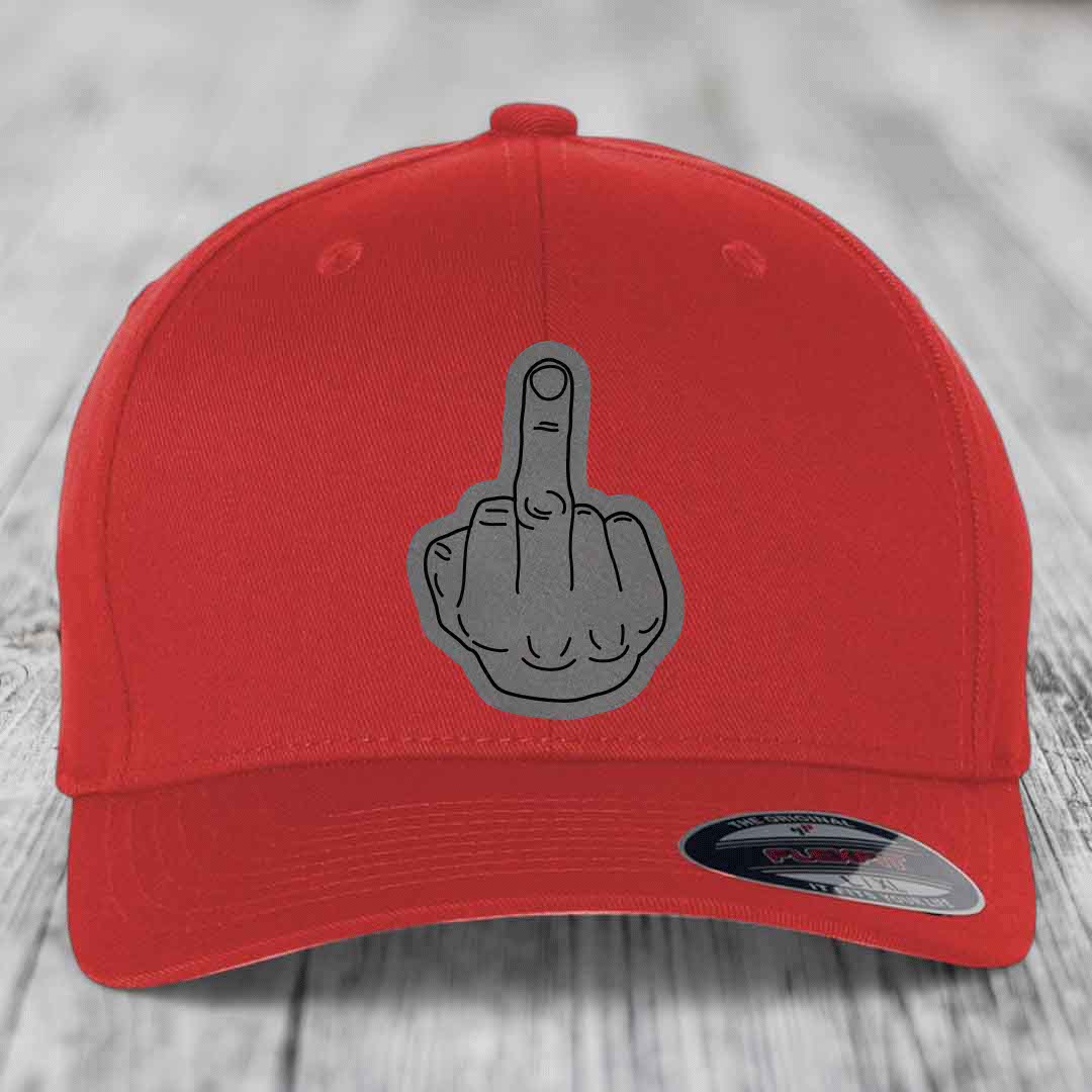 Middle Finger - Leather Patch Hat - Grey to Black Patch - Flexfit 6277 Fitted Hat