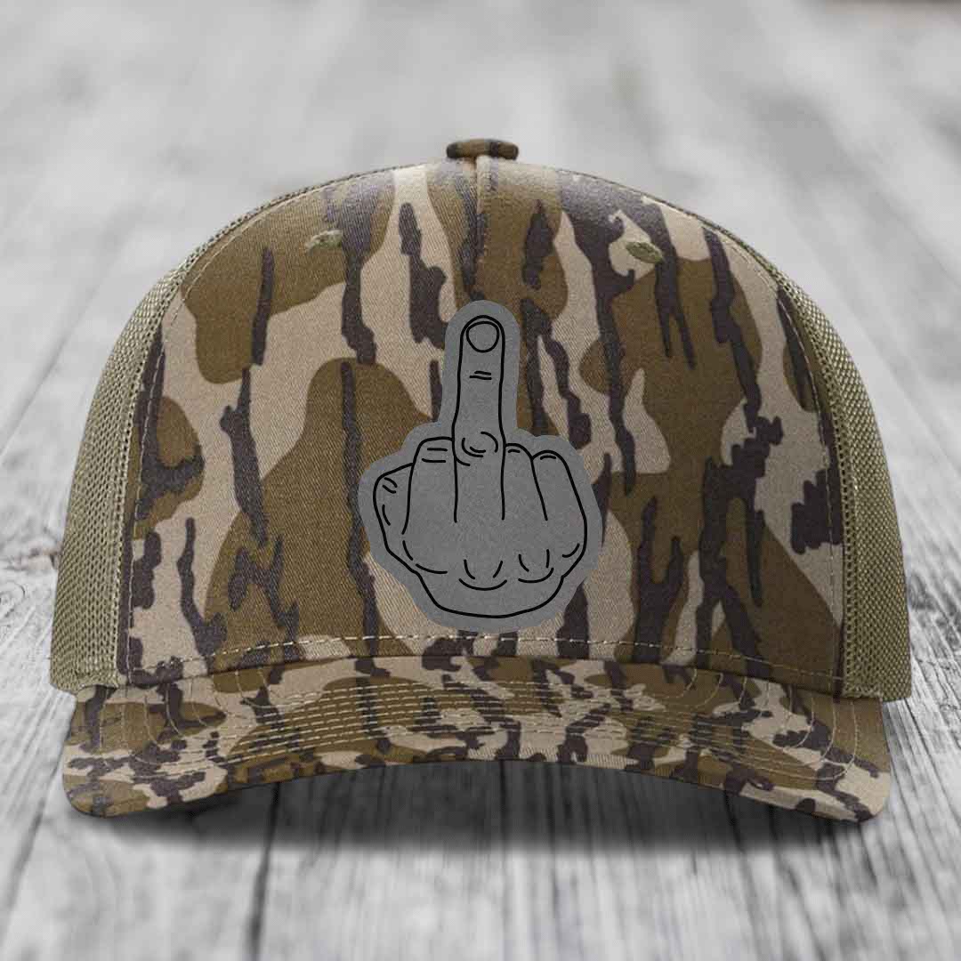 Middle Finger - Leather Patch Hat - Grey to Black Patch - Richardson 112PFP Snapback Trucker Hat