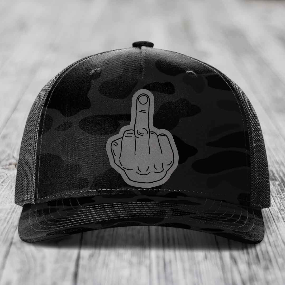 Middle Finger - Leather Patch Hat - Grey to Black Patch - Richardson 112PFP Snapback Trucker Hat