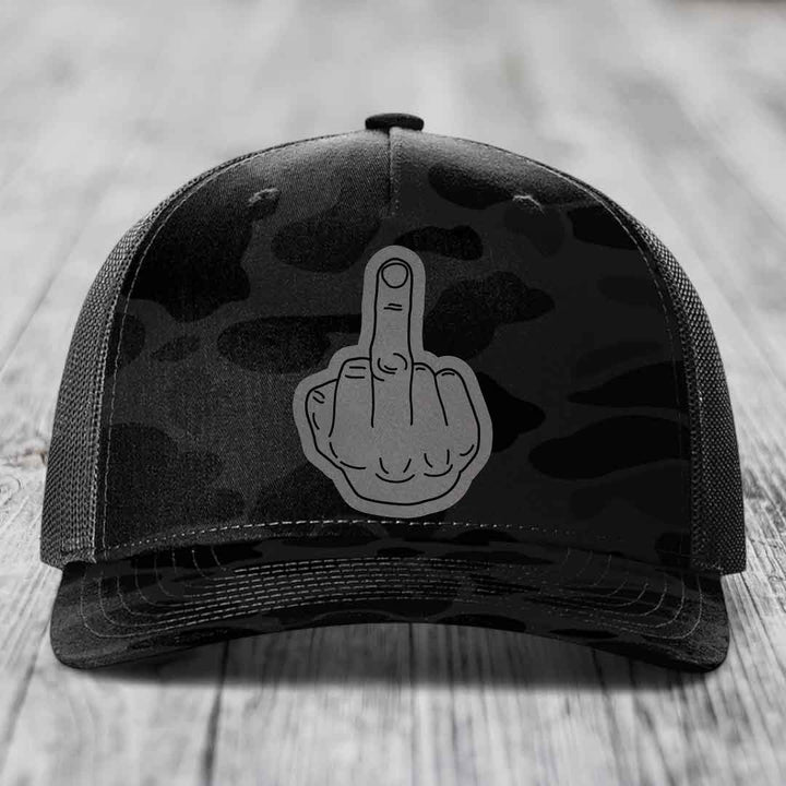 Middle Finger - Leather Patch Hat - Grey to Black Patch - Richardson 112PFP Snapback Trucker Hat