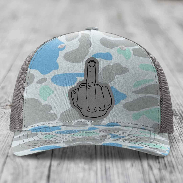 Middle Finger - Leather Patch Hat - Grey to Black Patch - Richardson 112PFP Snapback Trucker Hat