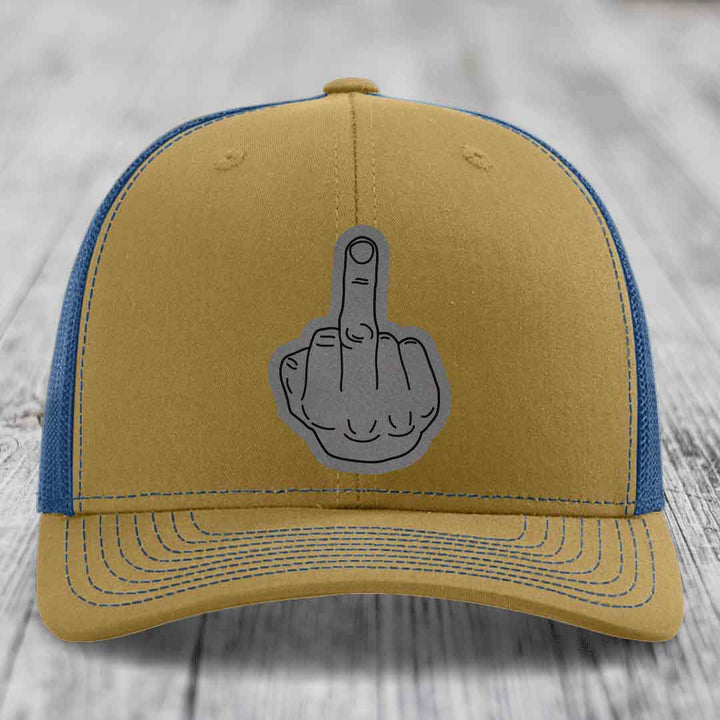 Middle Finger - Leather Patch Hat - Grey to Black Patch - Richardson 112 Snapback Trucker Hat