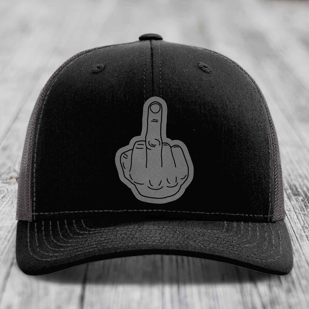 Middle Finger - Leather Patch Hat - Grey to Black Patch - Richardson 112 Snapback Trucker Hat
