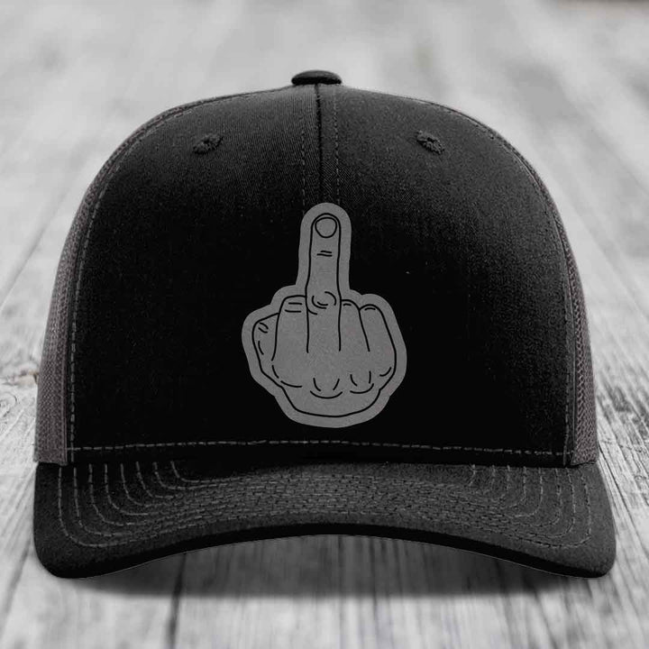 Middle Finger - Leather Patch Hat - Grey to Black Patch - Richardson 112 Snapback Trucker Hat