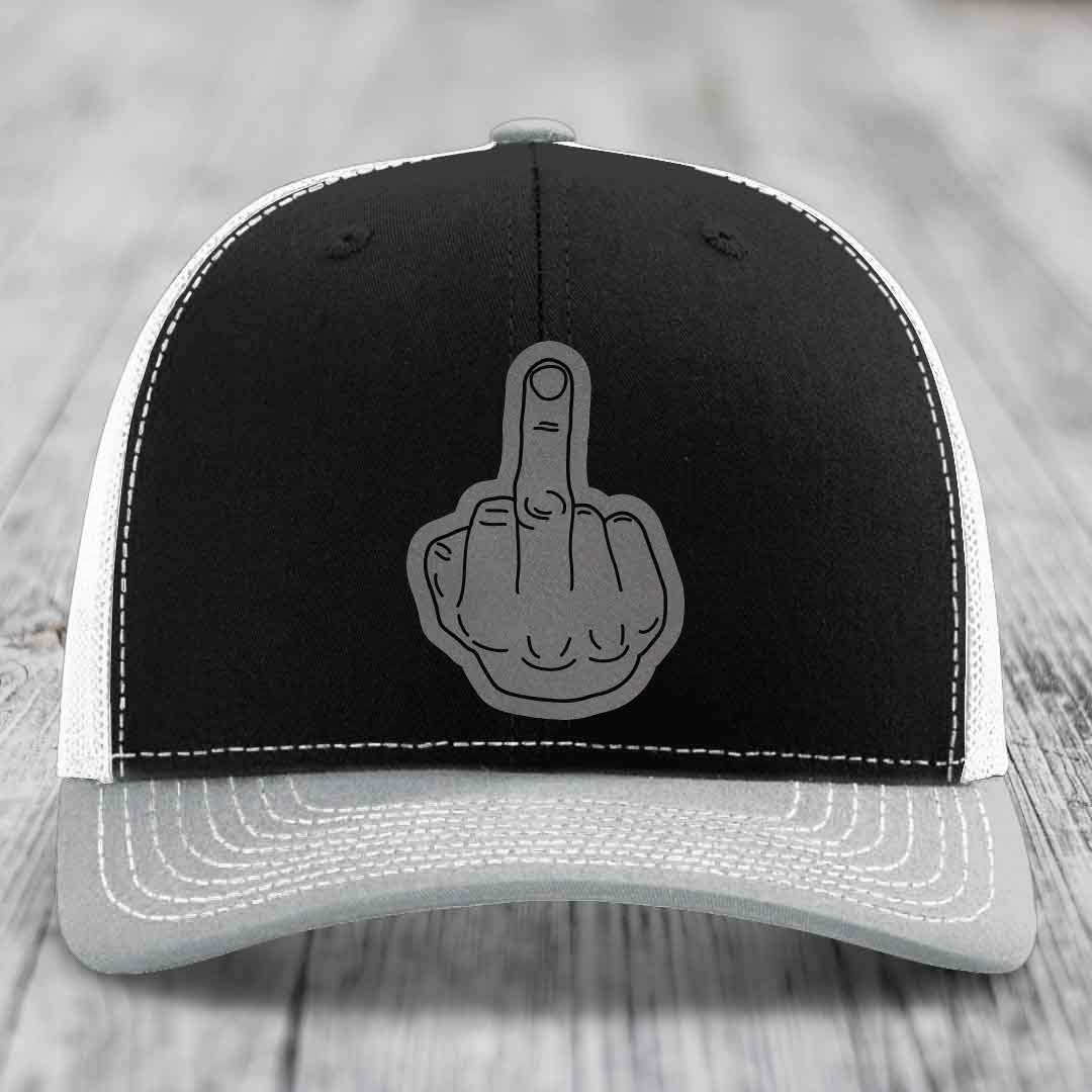 Middle Finger - Leather Patch Hat - Grey to Black Patch - Richardson 112 Snapback Trucker Hat
