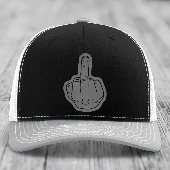 Middle Finger - Leather Patch Hat - Grey to Black Patch - Richardson 112 Snapback Trucker Hat