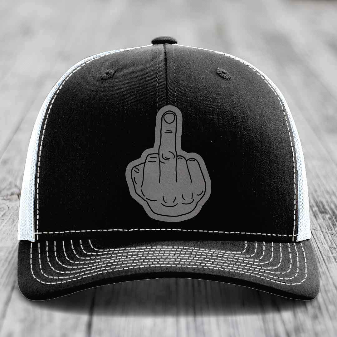 Middle Finger - Leather Patch Hat - Grey to Black Patch - Richardson 112 Snapback Trucker Hat