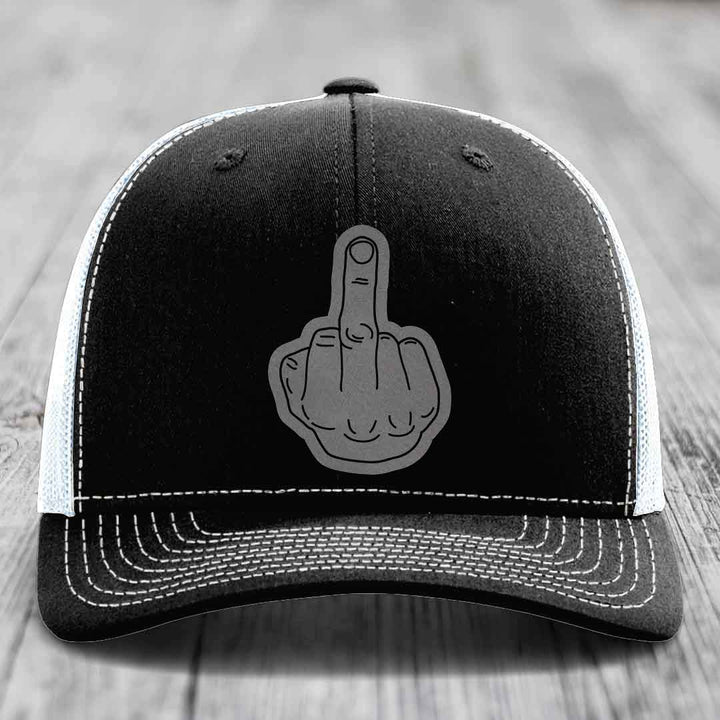 Middle Finger - Leather Patch Hat - Grey to Black Patch - Richardson 112 Snapback Trucker Hat