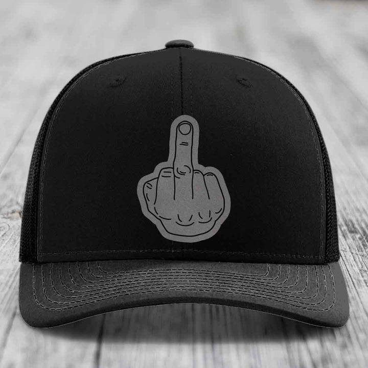 Middle Finger - Leather Patch Hat - Grey to Black Patch - Richardson 112 Snapback Trucker Hat