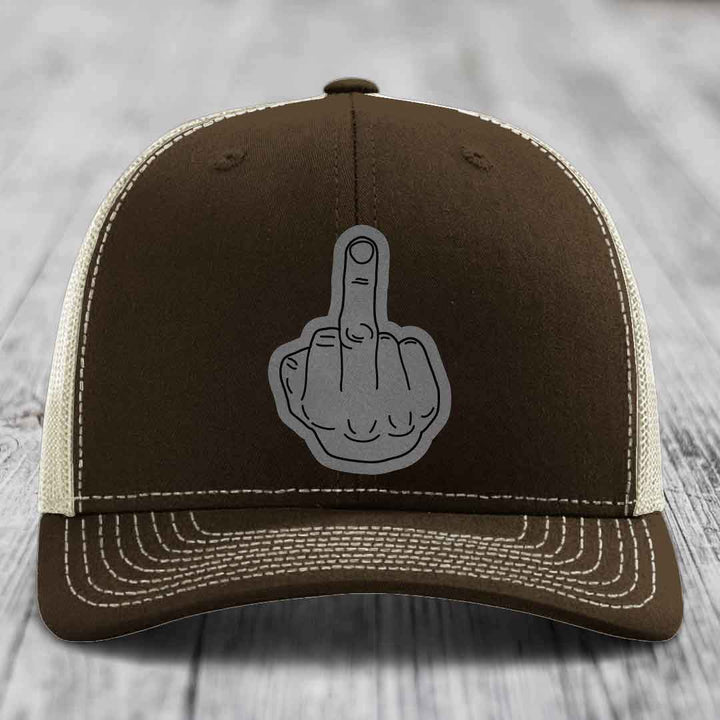 Middle Finger - Leather Patch Hat - Grey to Black Patch - Richardson 112 Snapback Trucker Hat