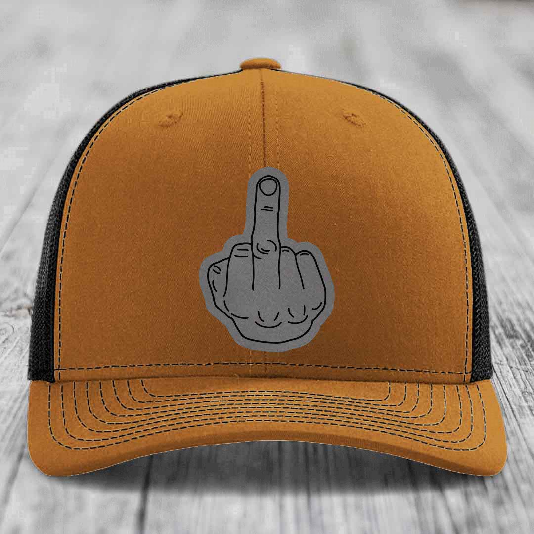 Middle Finger - Leather Patch Hat - Grey to Black Patch - Richardson 112 Snapback Trucker Hat