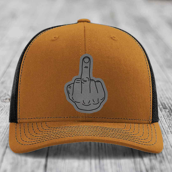 Middle Finger - Leather Patch Hat - Grey to Black Patch - Richardson 112 Snapback Trucker Hat