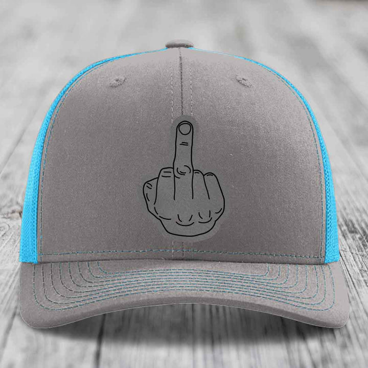 Middle Finger - Leather Patch Hat - Grey to Black Patch - Richardson 112 Snapback Trucker Hat