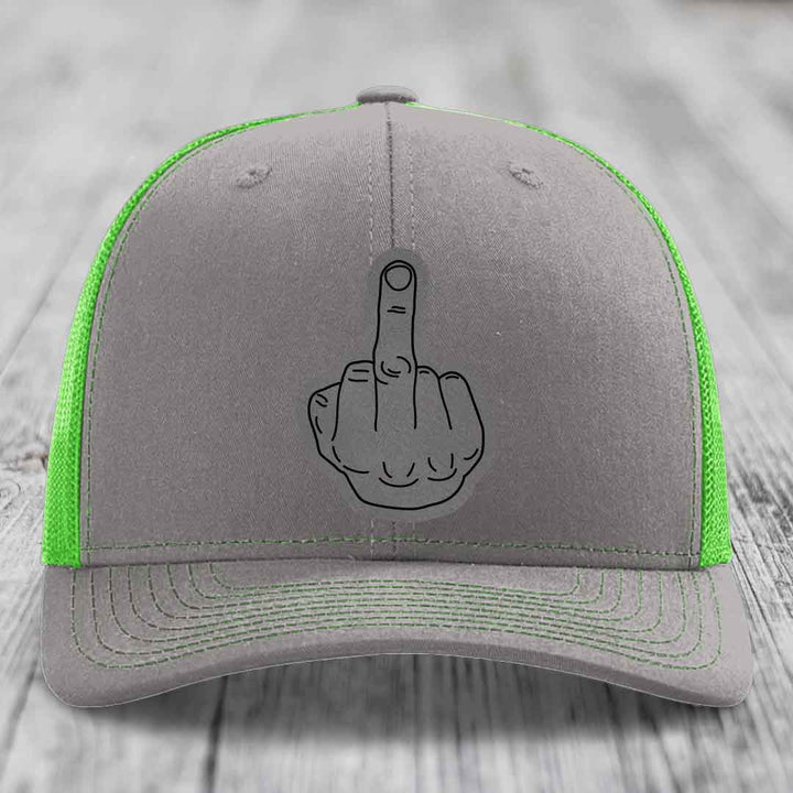 Middle Finger - Leather Patch Hat - Grey to Black Patch - Richardson 112 Snapback Trucker Hat